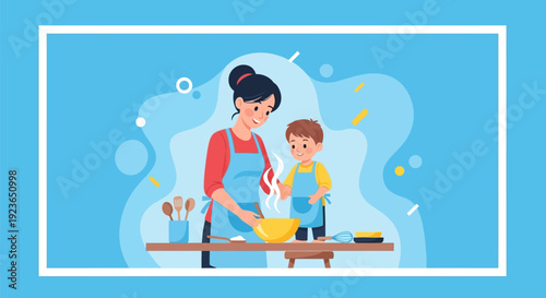 Woman and child baking together happily.