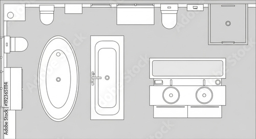 Bathroom layout with bathtub, sink, toilet, and other bathroom fixtures in a top-down view.