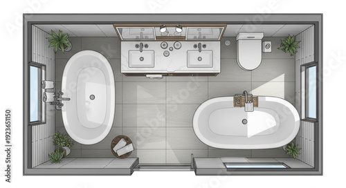 Luxurious bathroom design featuring two bathtubs, double vanity, and toilet.