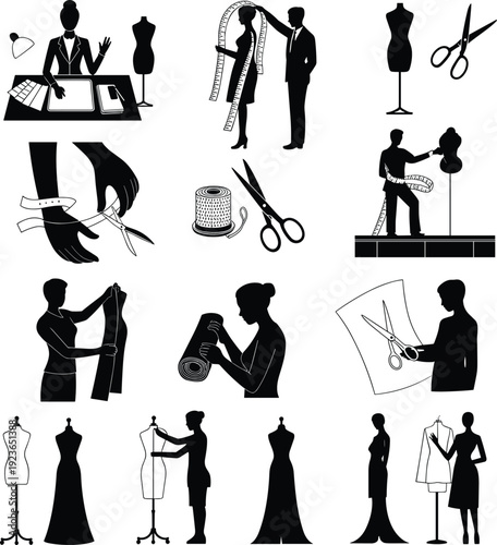 Fashion design silhouettes, tailoring tools, dressmaking process, sewing equipment, garment fitting, designer workspace, mannequin display, fabric cutting, creative studio illustration