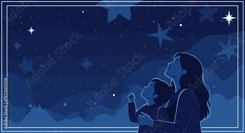 Mother and Child Gazing at the Starry Night Sky Together.