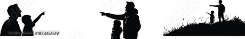 Father child pointing guidance icons, adult teaching silhouette vector illustration, family direction support design black white cultural parenting representation