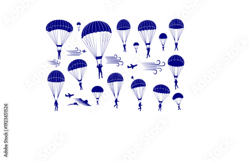 Parachute Airborne Vector Set - Black Silhouette Illustrations, Military Drop Graphics, Parachute , Sky Descent Design Elements
