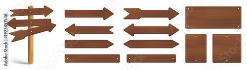 Wooden signpost collection, blank wood planks and directional arrows set isolated on white