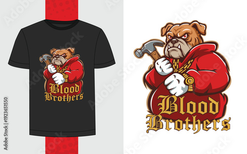 Bulldog mascot character holding hammer with gold jewelry and red hoodie for apparel vector design