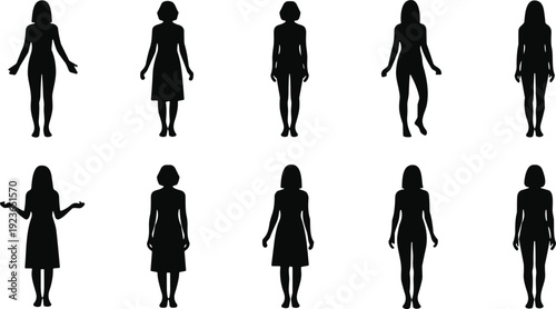 Female silhouette posture icons set, fashion body shape outline vector illustration, standing woman design black white character modeling representation