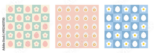Easter seamless pattern with check grid, flower and eggs.