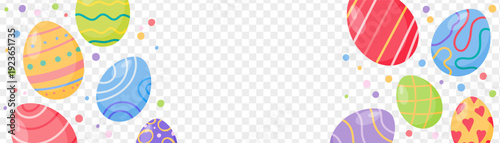 Funny colorful eggs composition on transparent background. Happy Easter banner template