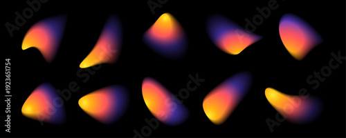 Abstract vibrant liquid gradient shapes set, colorful 3D blurry fluid forms collection for modern web design on black background