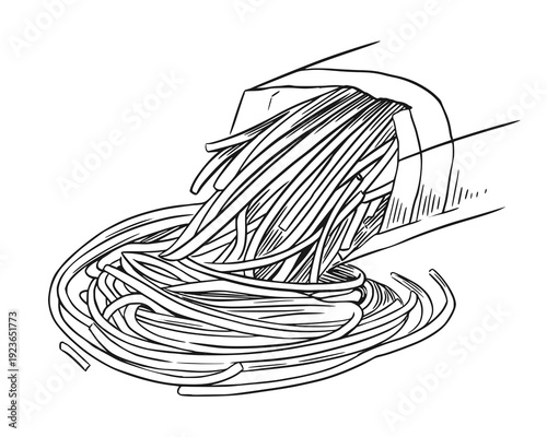 Pasta pour out of the bag. Spaghetti package hand drawn sketch line art vector illustration