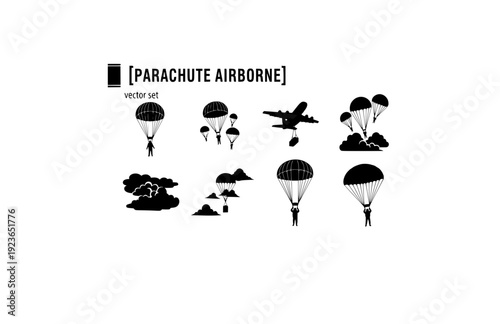Parachute Airborne Vector Set - Black Silhouette Illustrations, Military Drop Graphics, Parachute Icons, Sky Descent Design Elements