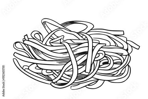 Tagliatelle, fettuccine pasta nest or noodles. Hand drawn sketch line art vector illustration