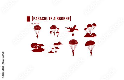 Parachute Airborne Vector Set - Black Silhouette Illustrations, Military Drop Graphics, Parachute Icons, Sky Descent Design Elements