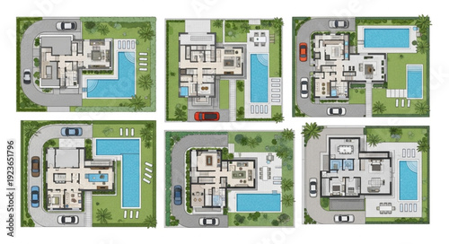 Architectural plans showcasing luxury villas with swimming pools and modern designs.