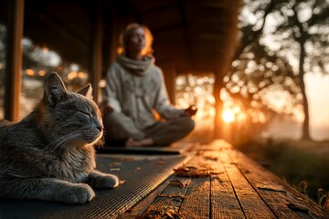 Calm cat lying on yoga mat during sunset with person meditating nearby Generative AI