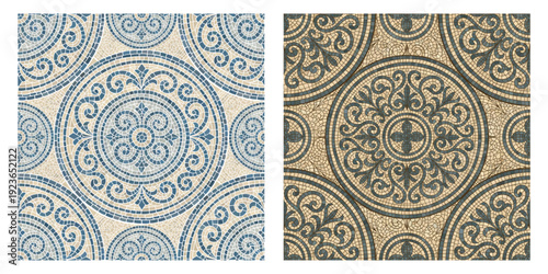 Seamless mosaic pattern with blue tile texture, perfect for pool floors, bathroom walls, and geometric backgrounds with vibrant square shapes and Mediterranean style.