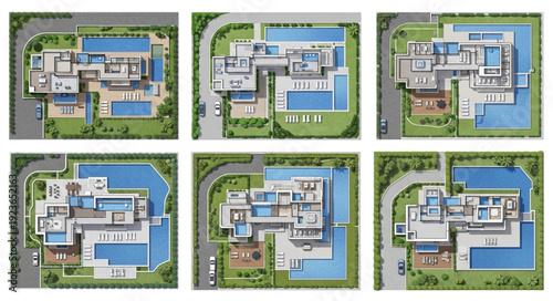 Architectural renderings of luxury villas with swimming pools and landscaping.