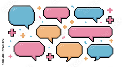 Colorful Pixelated Speech Bubbles in 8 Bit Style, Retro Pixel Art Dialogue Boxes, Arcade Game Inspired Chat Icons, Bright Vector Illustration Set