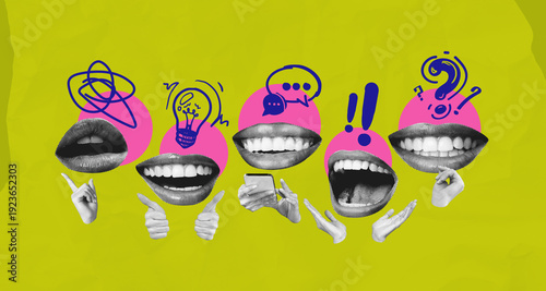 Tablou pe pânză Creative collage of expressive mouths with doodle speech and idea icons on vibrant background reflecting communication and concept emotions