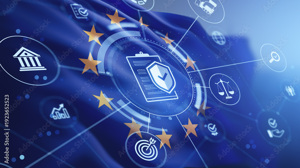 Obraz premium European data protection and cybersecurity concept with icons and EU stars on digital blue background representing GDPR compliance and governance system.