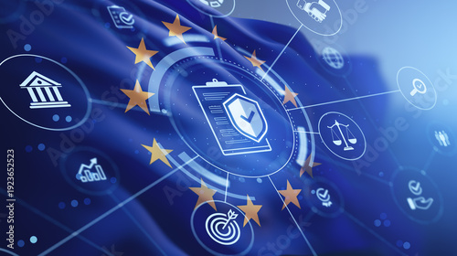 Tableau sur toile European data protection and cybersecurity concept with icons and EU stars on digital blue background representing GDPR compliance and governance system