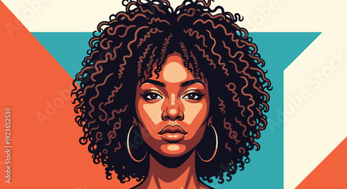 Portrait of a confident young woman with curly hair looking directly at the viewer, set against a vibrant geometric background, from a front viewpoint