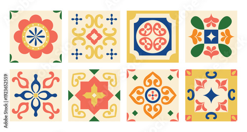 Bright Mediterranean geometric pattern. Vivid floral arabesque. Italian, Portuguese, Spanish blue and yellow tiles background. Summer coastal vibes. Wall and floor interior design. Mosaic. Vector.