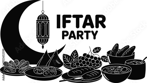 Iftar party illustration, Ramadan food, crescent moon, lantern, dates, samosas, fruits, bread, soup bowl, Islamic culture, religious tradition, festive gathering, spiritual celebration
