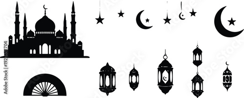 Islamic mosque crescent moon star lantern icons, Ramadan Eid Mubarak cultural celebration vector set, religious architecture silhouette design illustration