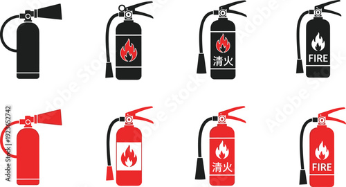 Fire Extinguisher Safety Equipment Emergency Protection Firefighting Tool Icon Symbol Silhouette Vector Illustration Design Element Collection Red Black Industrial Prevention