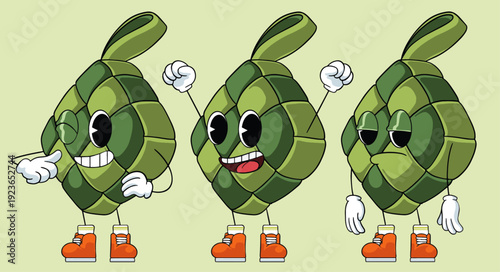 Retro style Ketupat mascots set expressions, retro cartoon illustration vector, Ramadan mascots