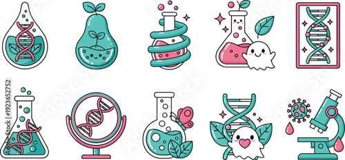 PrintCute Science and Genetics Icon Set with DNA Helix, Laboratory Flasks, Microscope and Friendly Ghost Characters for Education Designs
