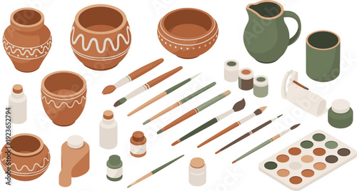 Flat isometric pottery tools and clay pots illustration, ceramic art supplies with paint brushes, palette, jars, handmade craft