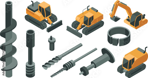 Isometric construction drilling equipment set, excavators, bulldozers, auger drills and heavy machinery flat vector illustration