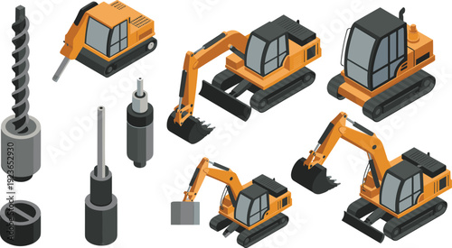 Isometric construction machinery set, excavators, drilling rig, hydraulic cylinders and heavy equipment flat vector illustration collection