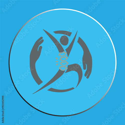Chiropractic Logo Icon with Human Silhouette, Spine Highlight, and Caring Hands on Blue Background