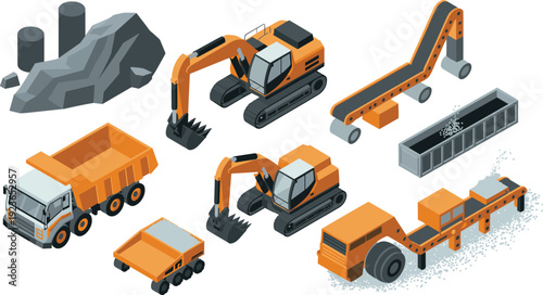 Isometric construction machinery set, flat vector illustration of excavators, dump trucks and conveyor equipment for mining