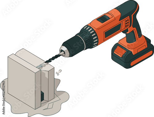 Isometric cordless electric drill, flat vector illustration of power tool drilling concrete block construction equipment concept