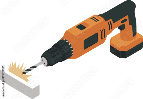Isometric cordless electric drill, flat vector illustration of power tool drilling into concrete block construction concept