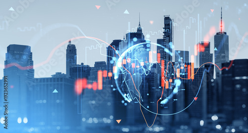 Tableau sur toile Digital stock market concept with global financial data chart overlays and Earth hologram above Manhattan skyline in New York, USA at sunrise