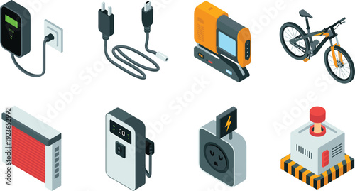 Isometric electricity and power technology icons set, charger cable outlet battery device bicycle and industrial equipment