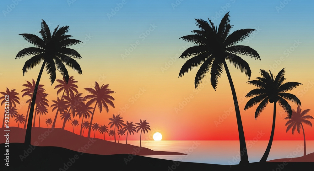 Obraz premium Serene tropical sunset with silhouetted palm trees over calm ocean