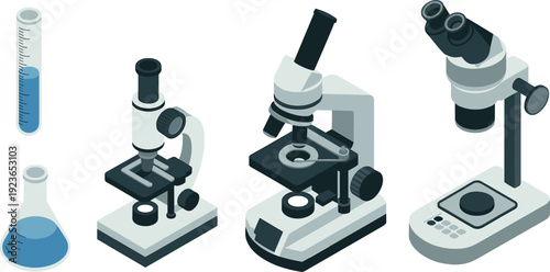 Isometric laboratory microscope collection, flat vector illustration of scientific equipment, glassware and chemistry research tools