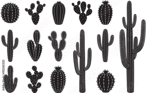 Black silhouette illustration of eighteen different cactus and succulent plants arranged in grid pattern, showcasing diverse desert flora species, botanical variety, and natural design inspiration