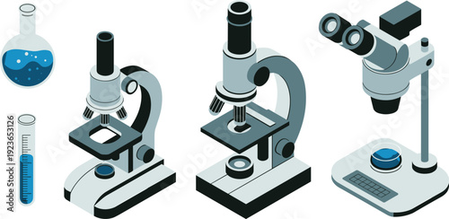 Isometric laboratory microscopes set, flat vector illustration of scientific equipment, test tubes and glassware research tools