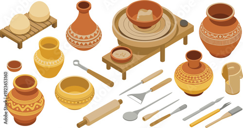 Isometric pottery and ceramic workshop illustration, clay wheel handmade pots and sculpting tools artisan craft collection