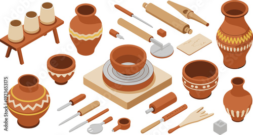 Isometric pottery making set illustration, ceramic wheel clay pots and sculpting tools collection, handmade artisan craft workshop