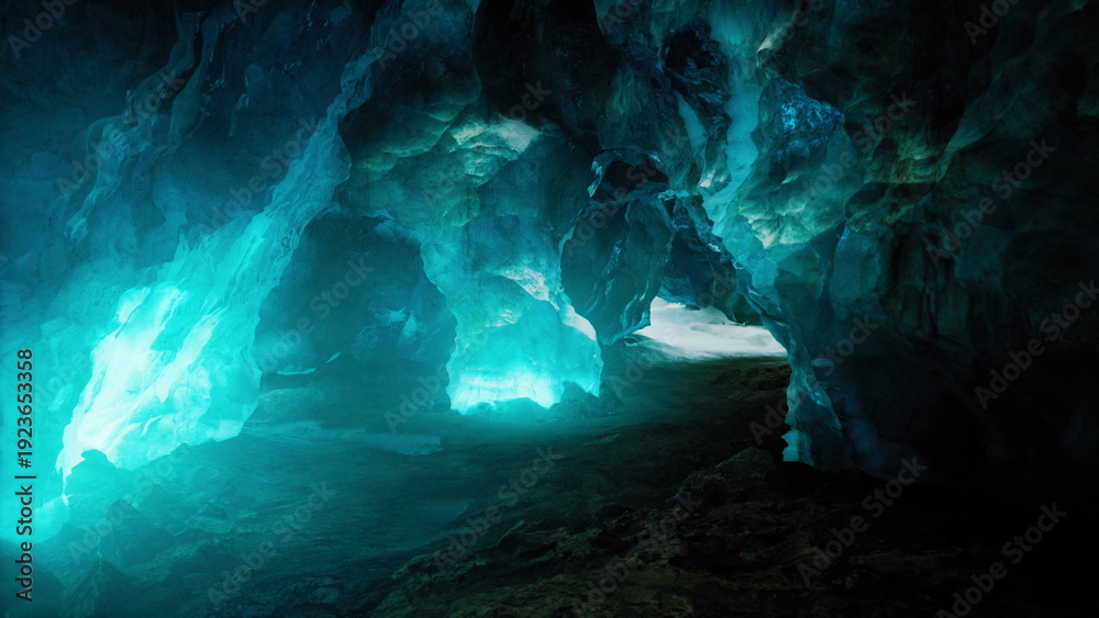Obraz premium Visitors navigate through a mesmerizing ice cave, where vibrant blue lights illuminate the sparkling ice formations. Shadows dance along the rugged walls, creating an otherworldly atmosphere.