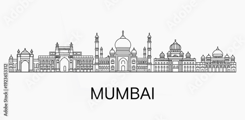 Mumbai City Skyline Detailed Line Art Illustration Taj Mahal Minarets Domes Gateways Indian Architecture Outline Vector