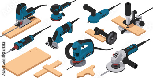 Isometric woodworking power tools collection, flat vector illustration of electric drill, jigsaw, grinder and carpentry equipment